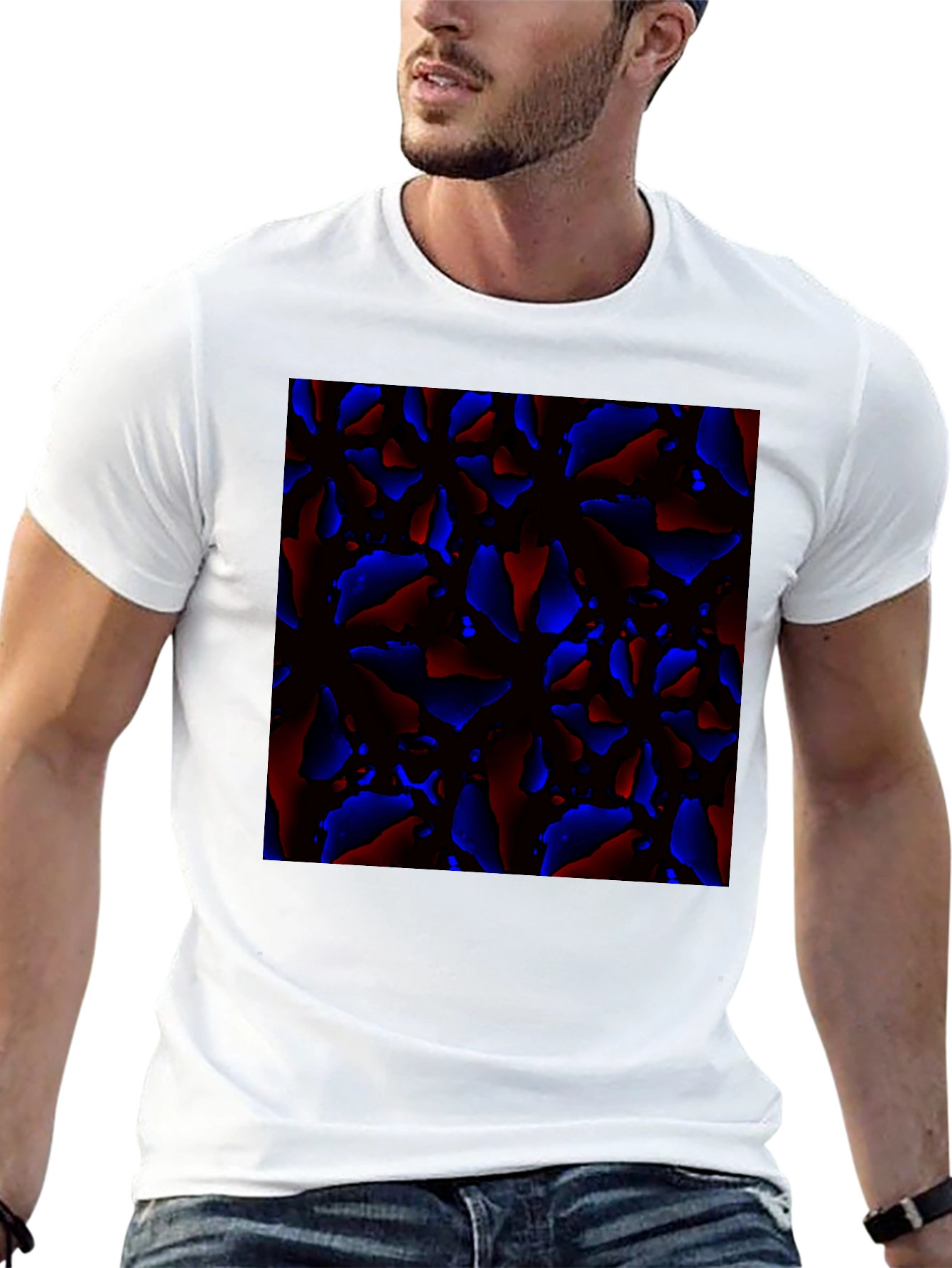 Abstract Red and Blue Patterned Black T-Shirt