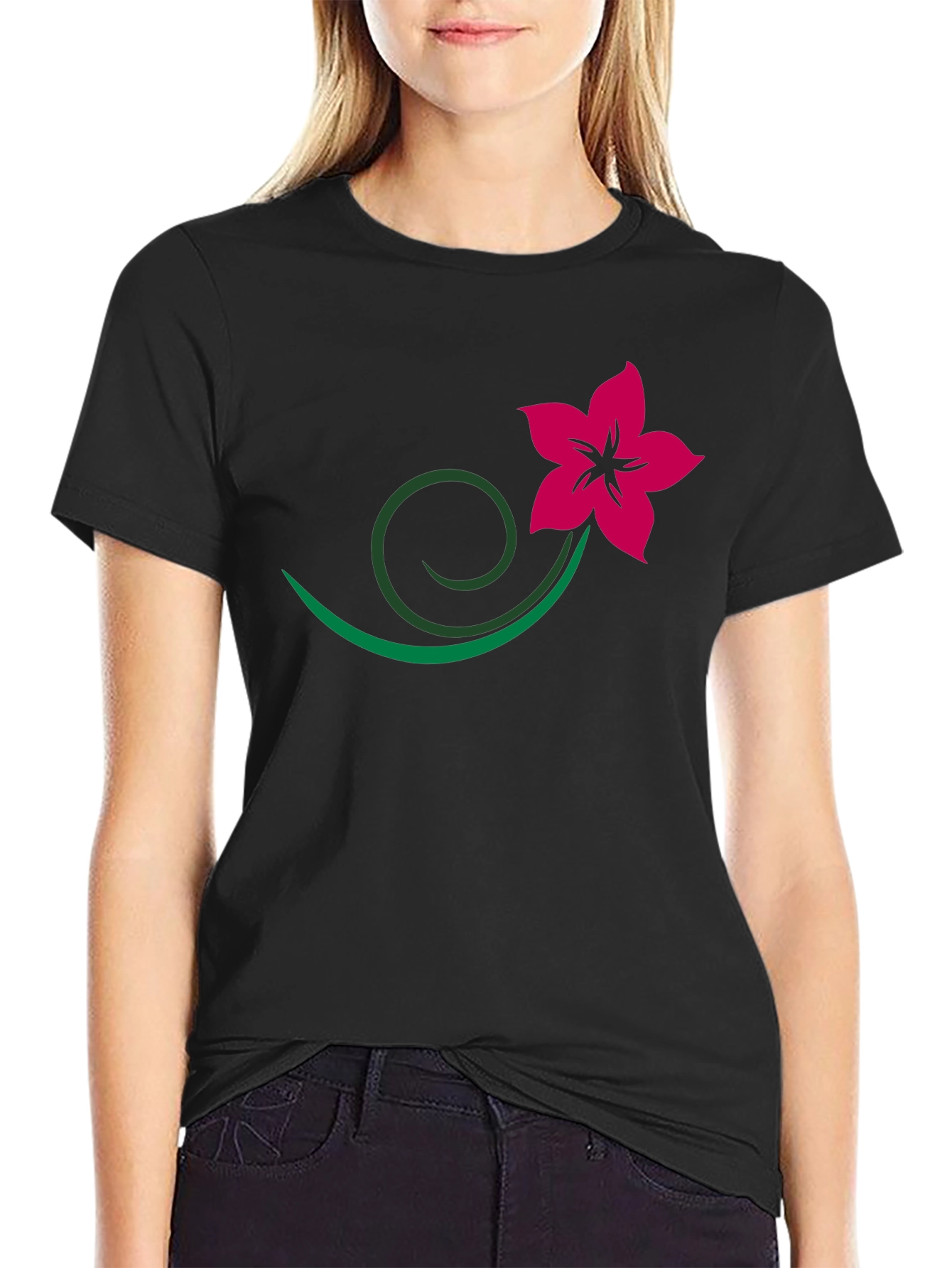 Black Tee with Floral Vine Design
