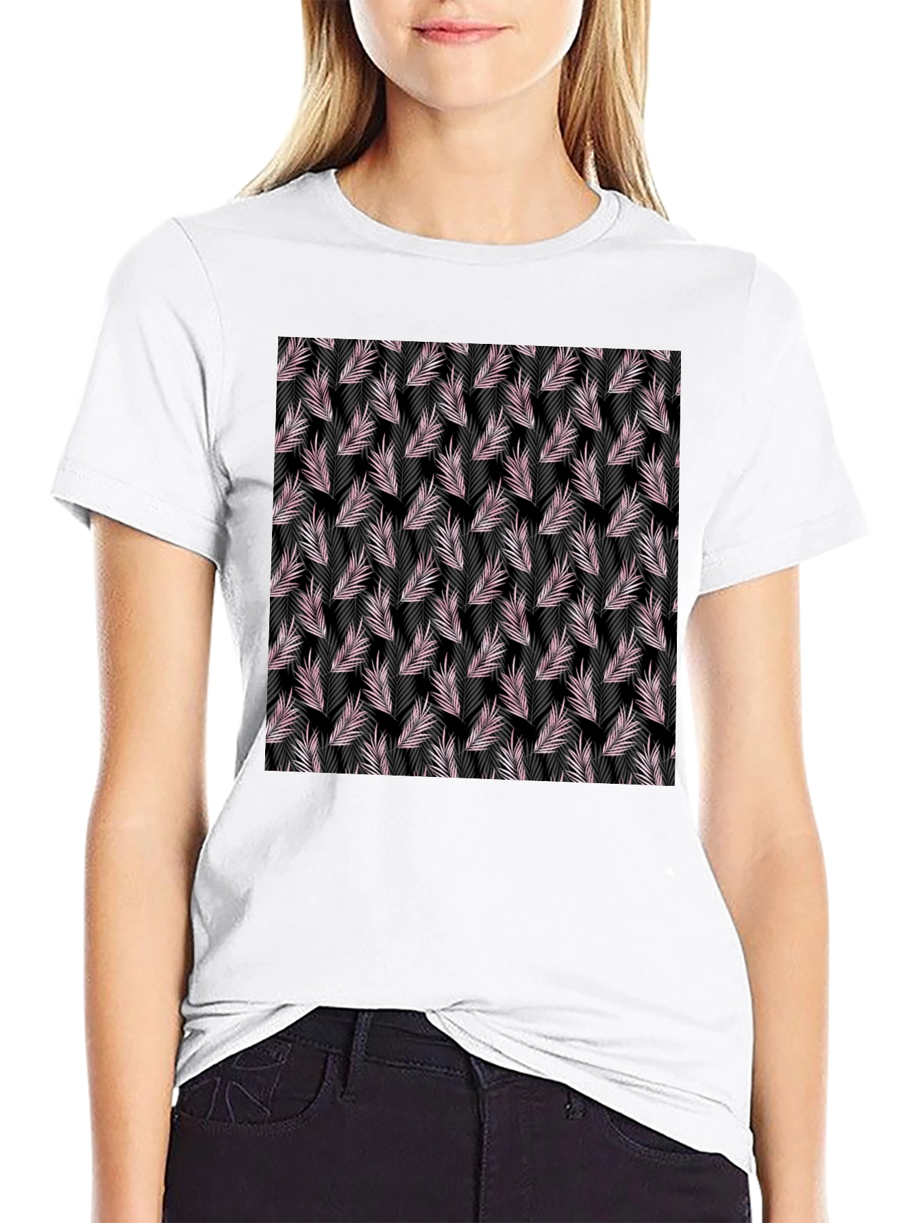Tropical Leaf Pattern Black T-Shirt
