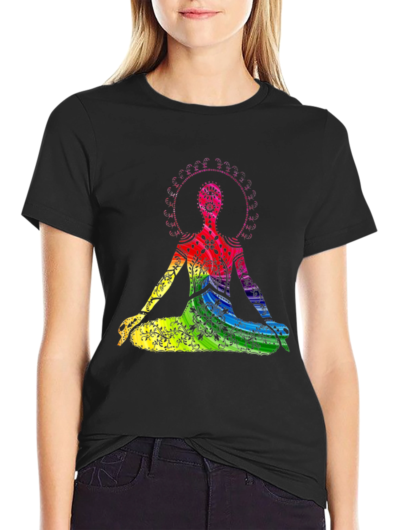 Rainbow Chakra Yoga Meditation Black T-Shirt