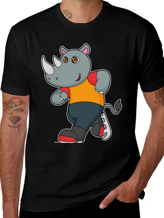 Rhino Cartoon Graphic T-Shirt - Black Cotton Tee