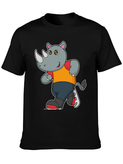 Rhino Cartoon Graphic T-Shirt - Black Cotton Tee