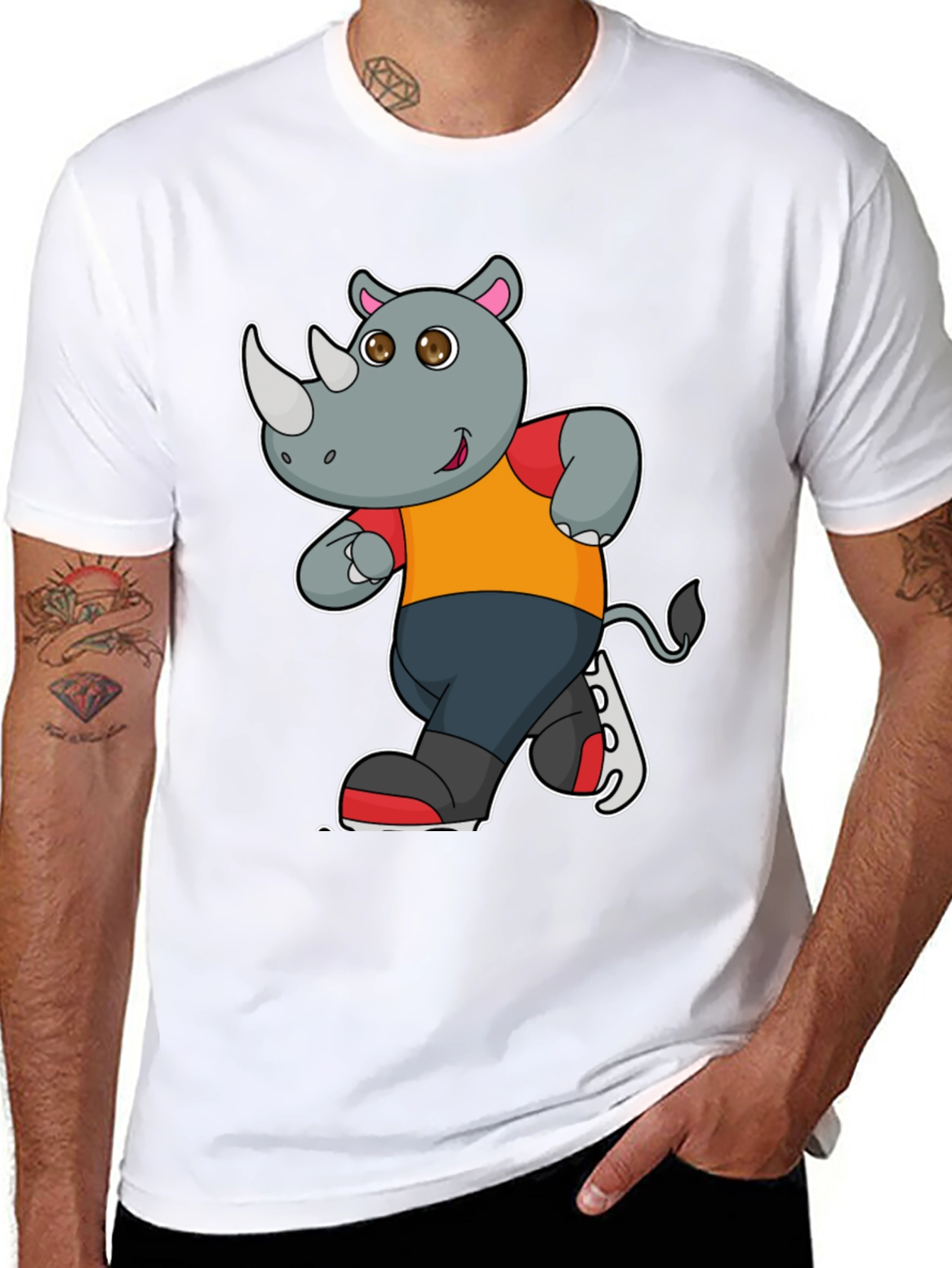 Rhino Cartoon Graphic T-Shirt - Black Cotton Tee