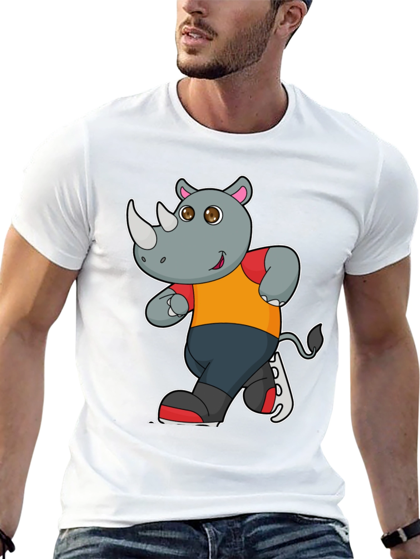 Rhino Cartoon Graphic T-Shirt - Black Cotton Tee