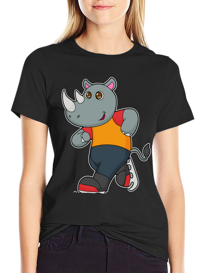 Rhino Cartoon Graphic T-Shirt - Black Cotton Tee