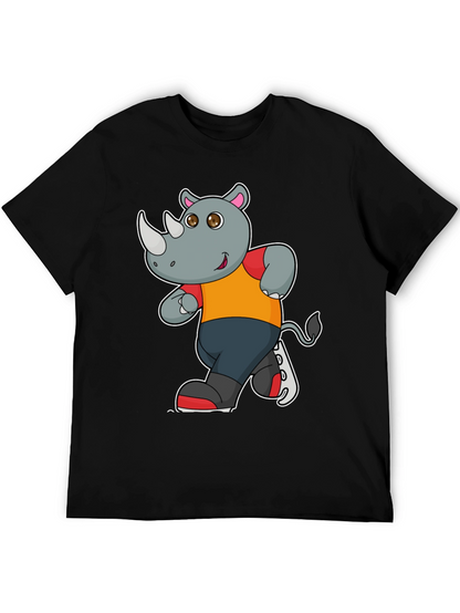 Rhino Cartoon Graphic T-Shirt - Black Cotton Tee