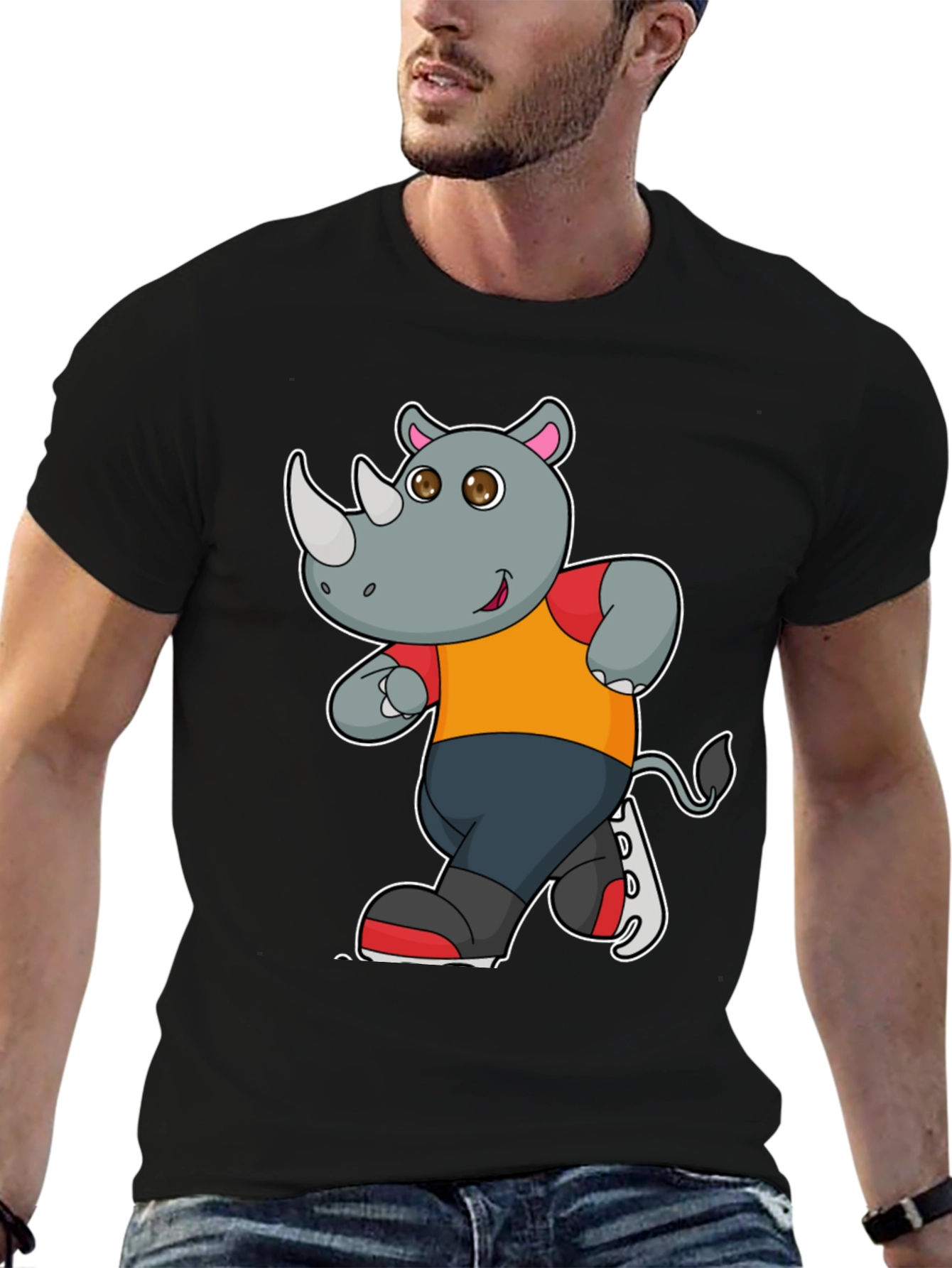 Rhino Cartoon Graphic T-Shirt - Black Cotton Tee