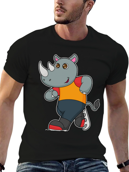 Rhino Cartoon Graphic T-Shirt - Black Cotton Tee