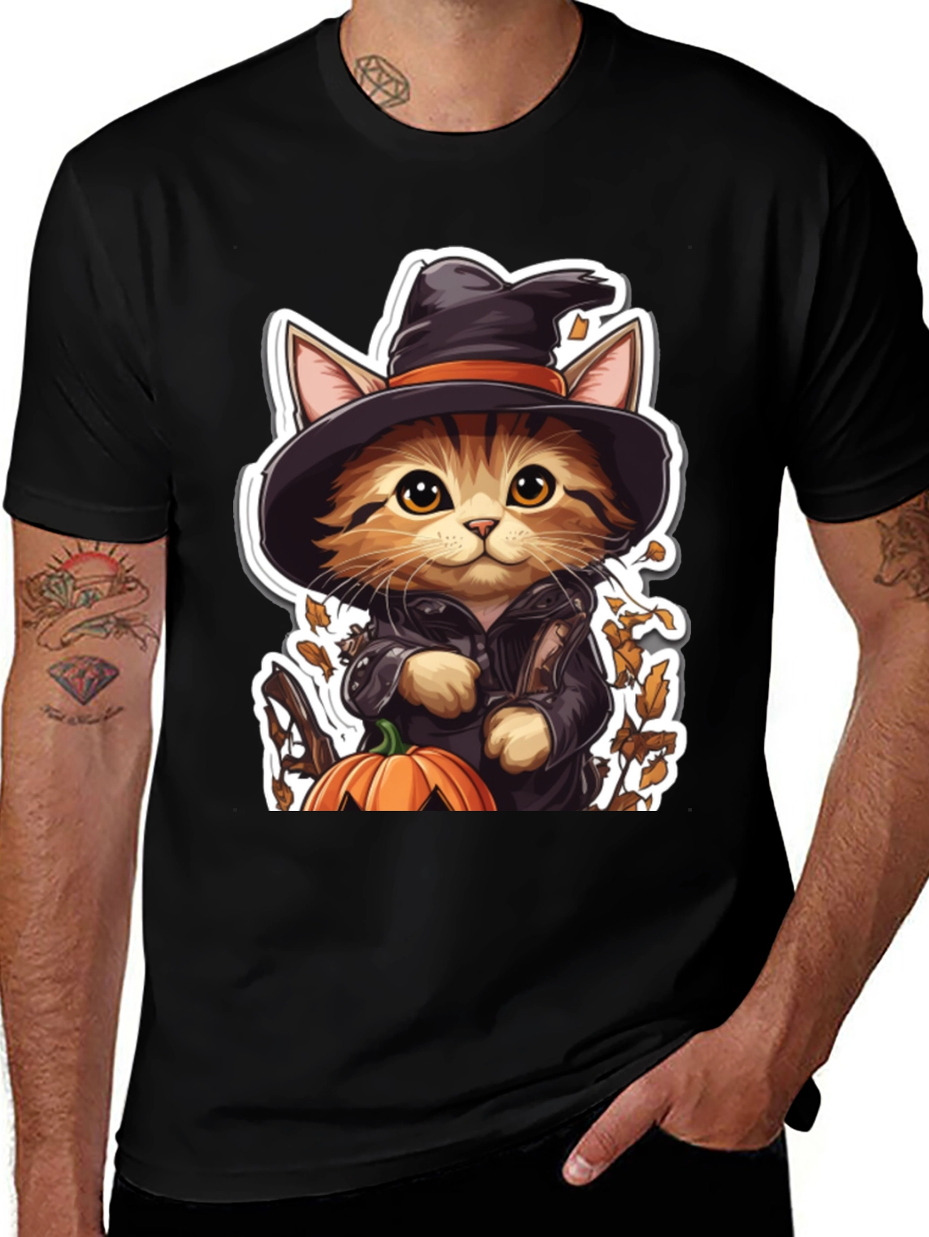 Halloween Cat T-Shirt - Witch Cat with Pumpkin
