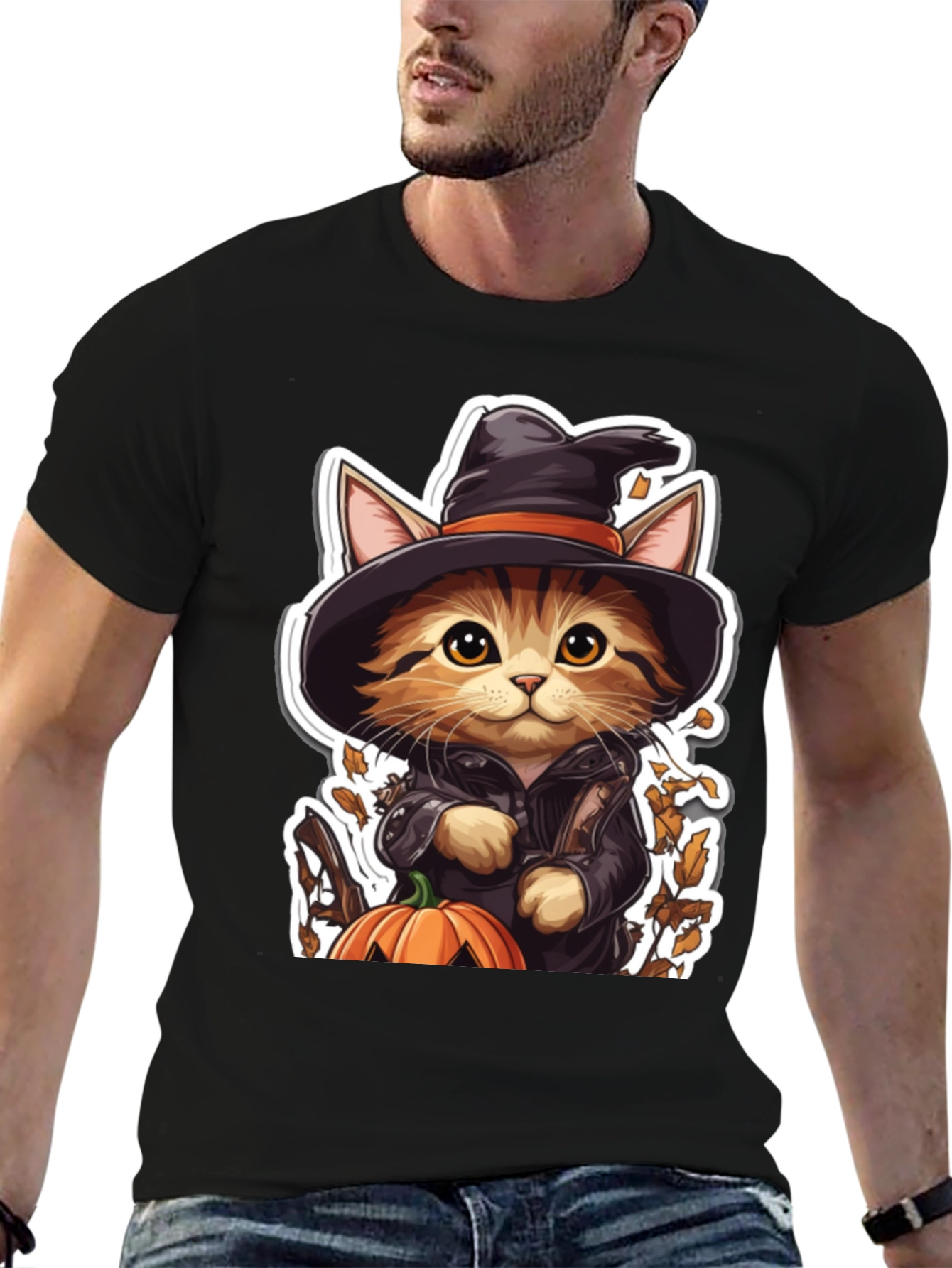 Halloween Cat T-Shirt - Witch Cat with Pumpkin
