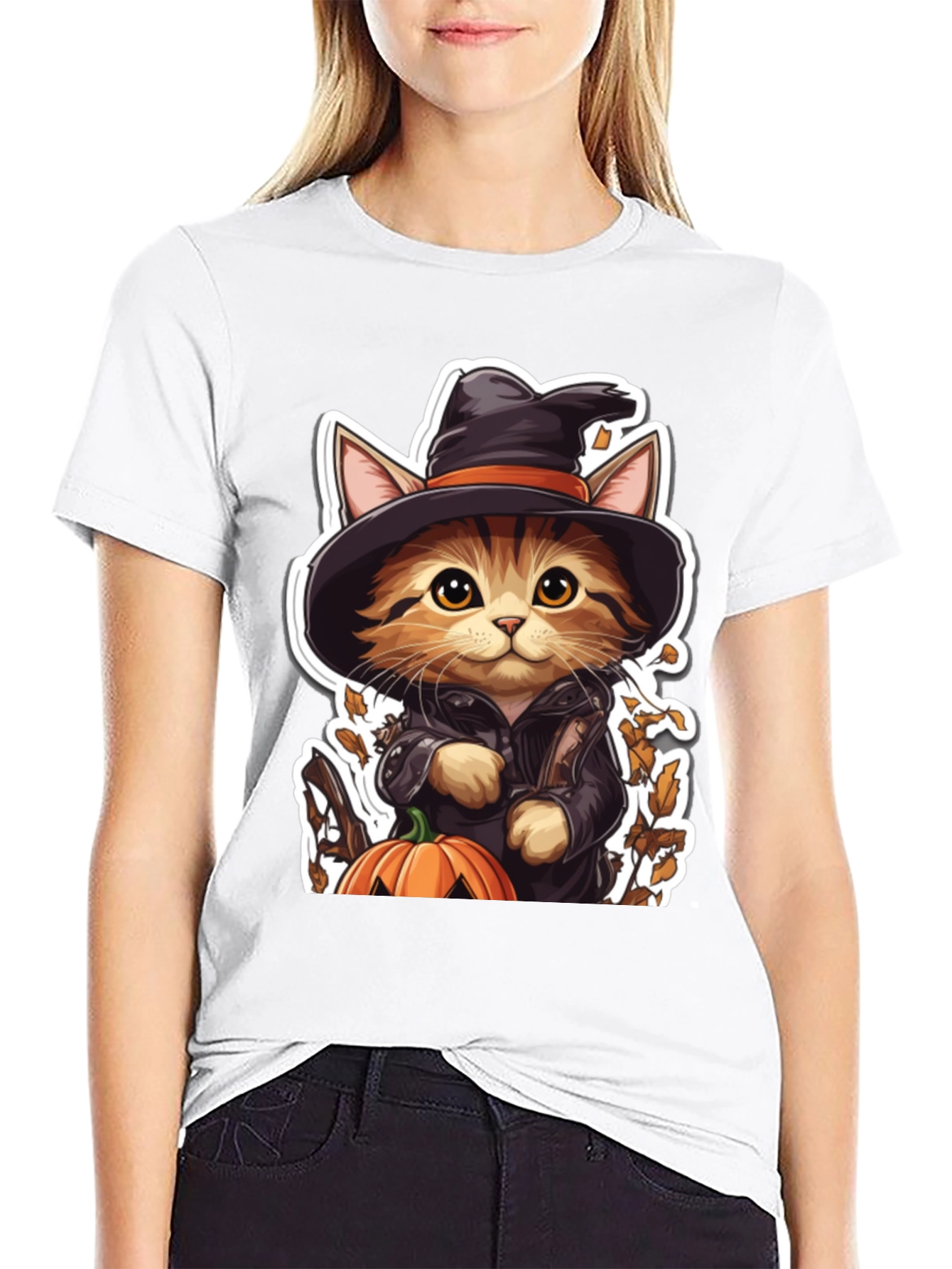 Halloween Cat T-Shirt - Witch Cat with Pumpkin