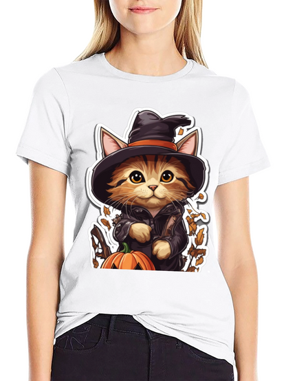Halloween Cat T-Shirt - Witch Cat with Pumpkin