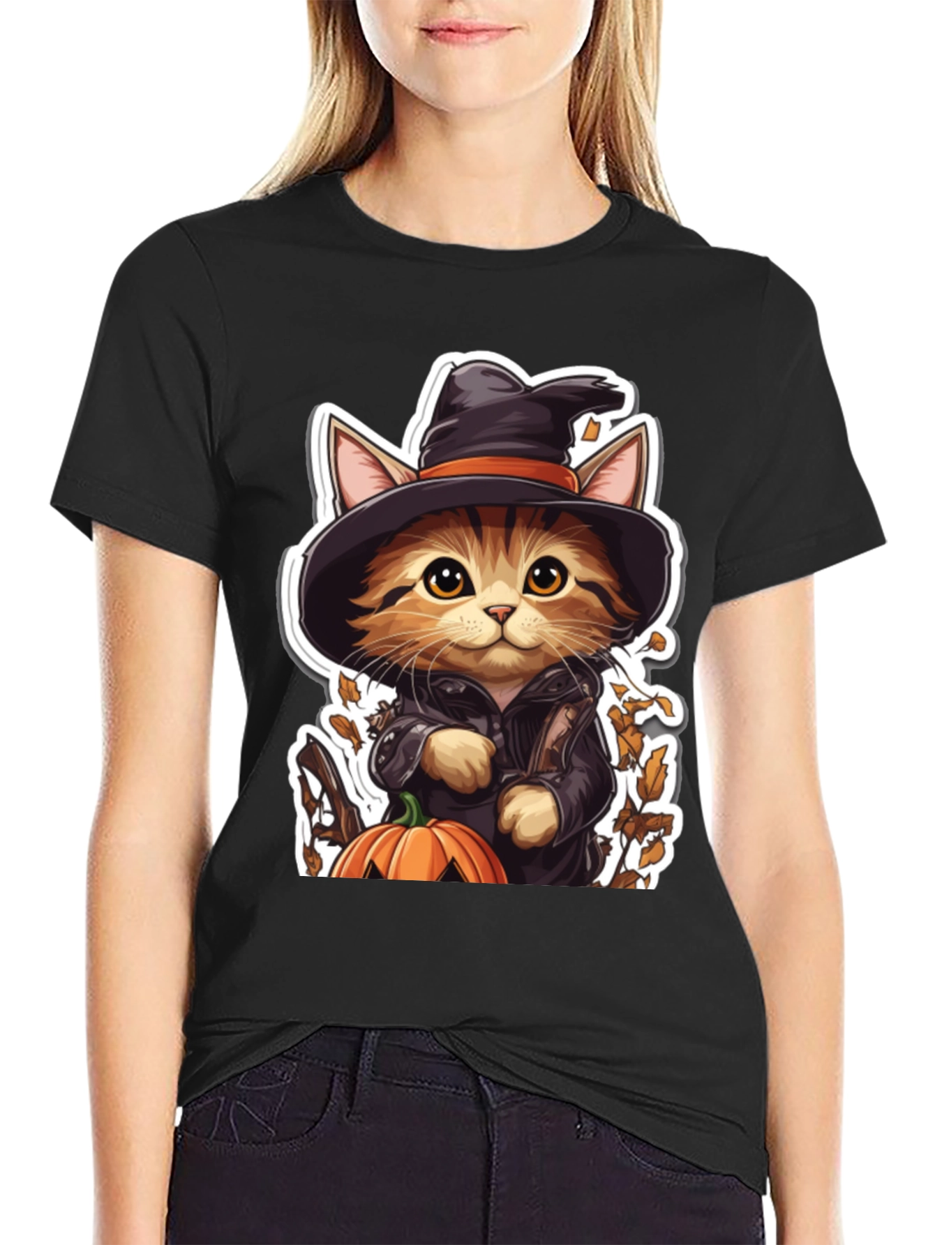 Halloween Cat T-Shirt - Witch Cat with Pumpkin