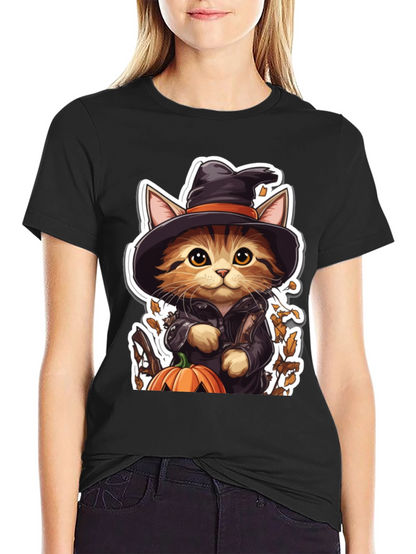 Halloween Cat T-Shirt - Witch Cat with Pumpkin