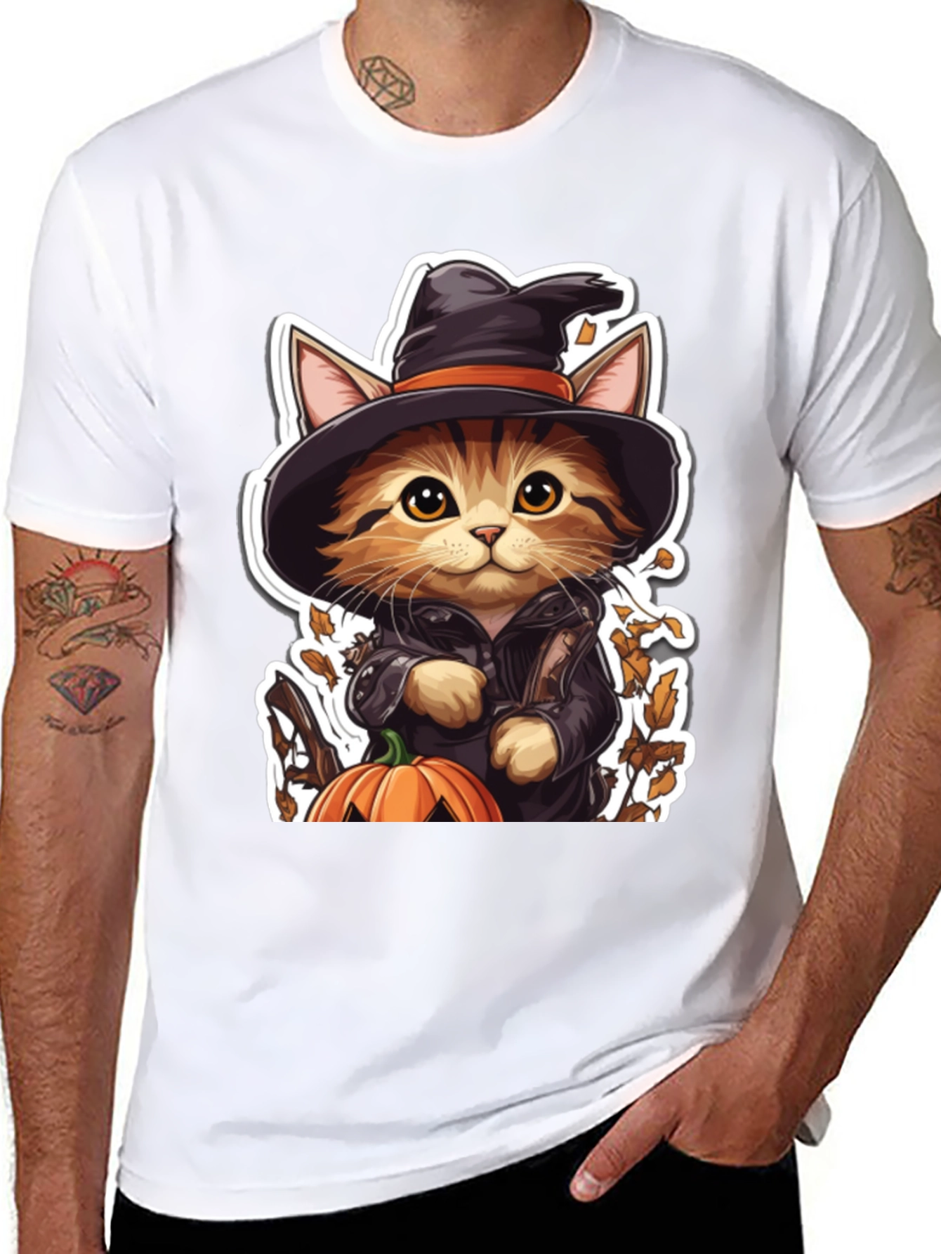 Halloween Cat T-Shirt - Witch Cat with Pumpkin