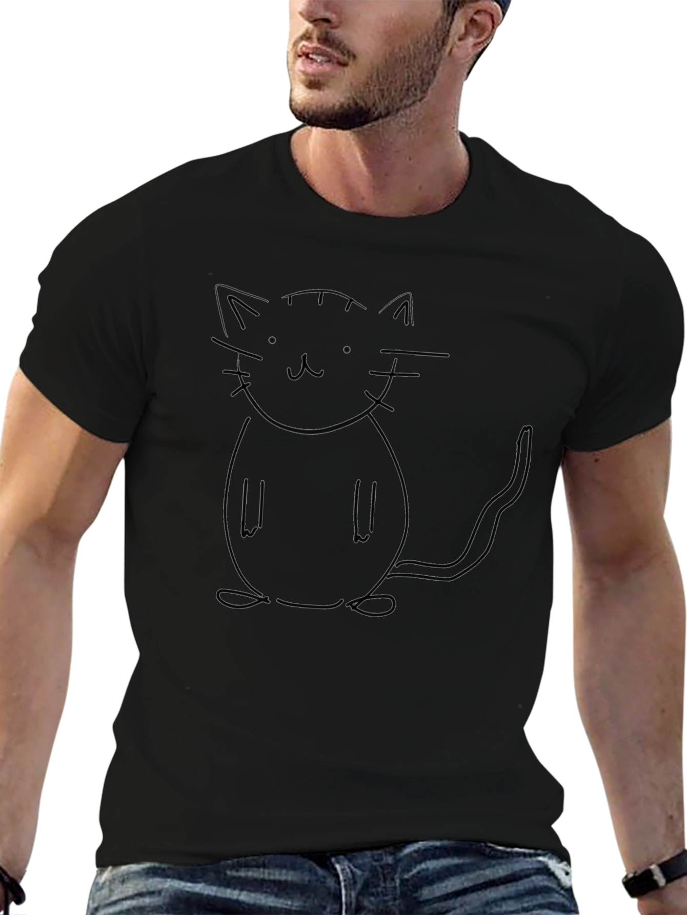 Minimalist Cat Outline Black T-Shirt
