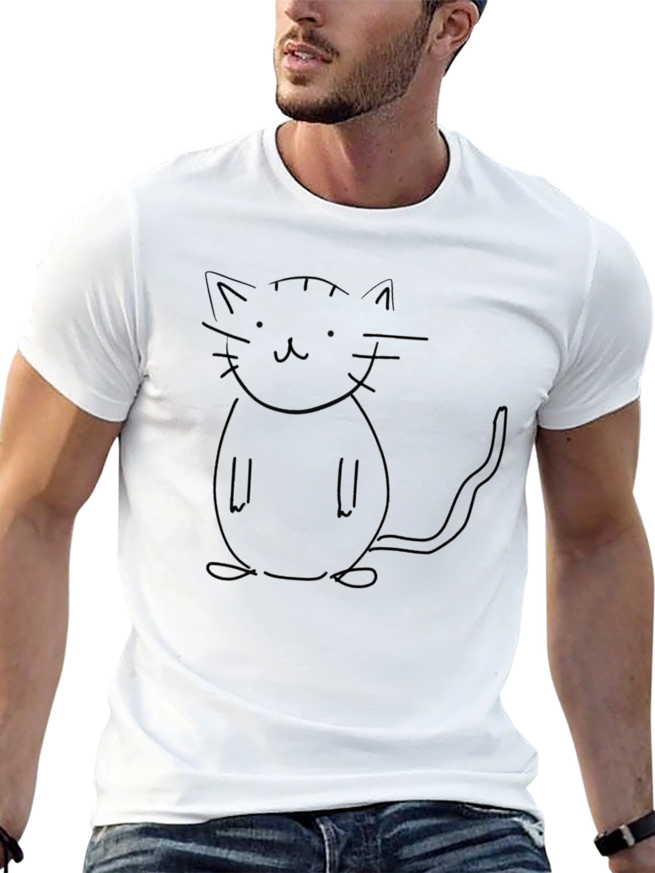 Minimalist Cat Outline Black T-Shirt