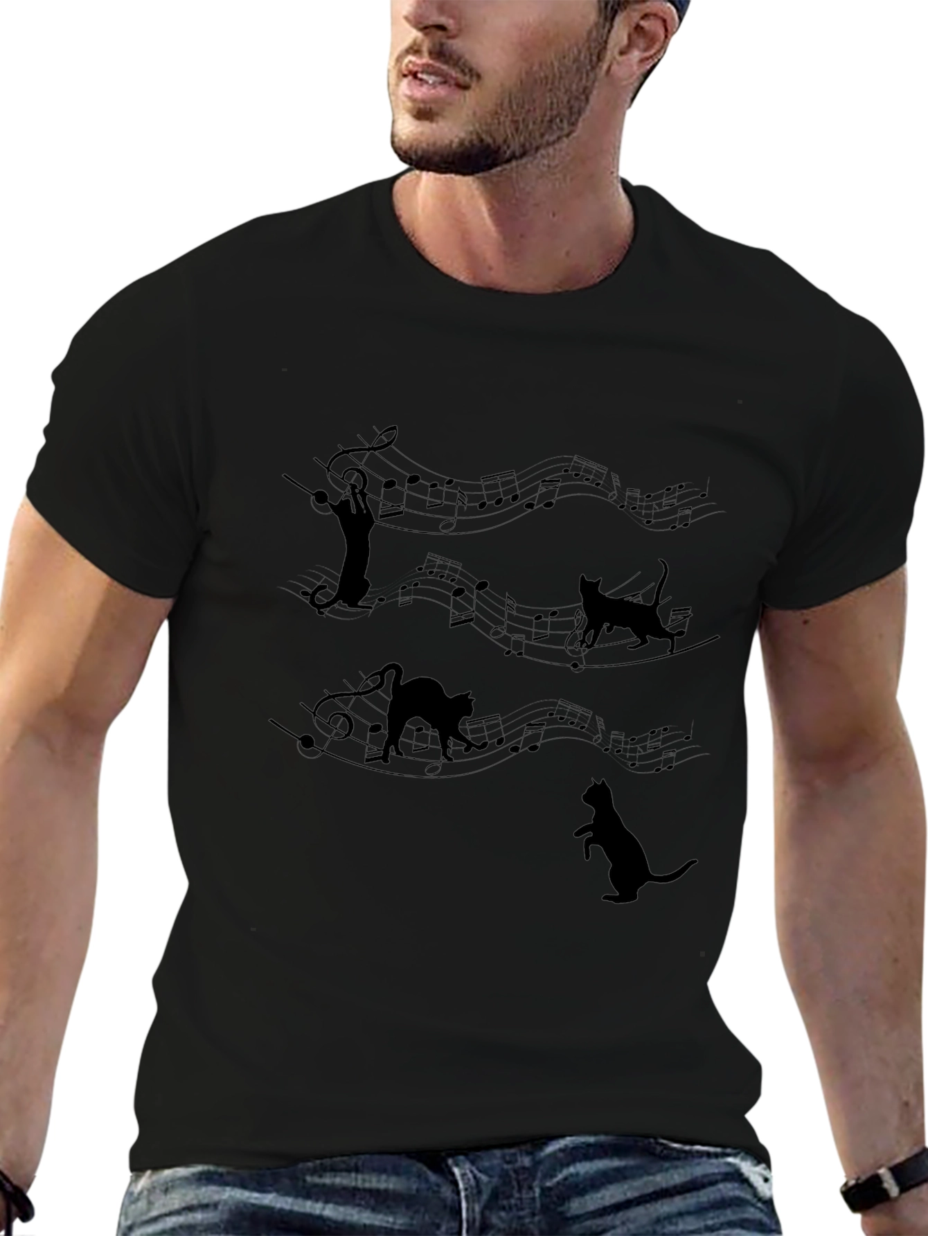 Musical Cat T-Shirt - Black Crew Neck