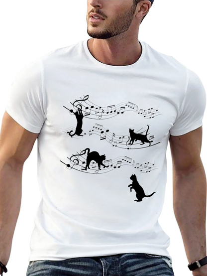 Musical Cat T-Shirt - Black Crew Neck