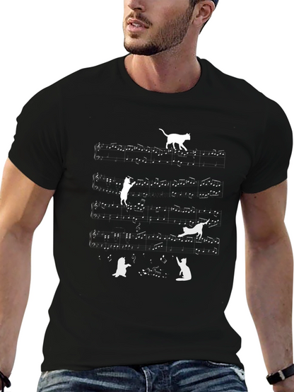 Cat Music Notes T-Shirt - Black Crew Neck Tee