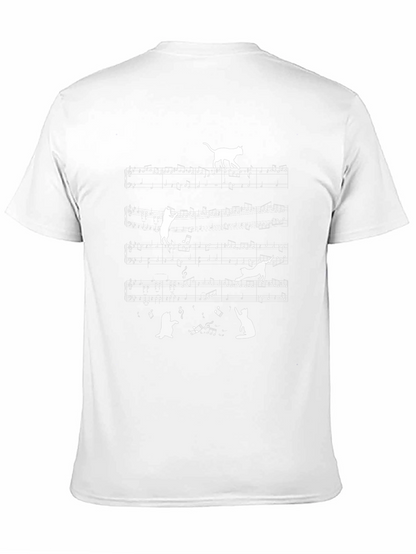 Cat Music Notes T-Shirt - Black Crew Neck Tee
