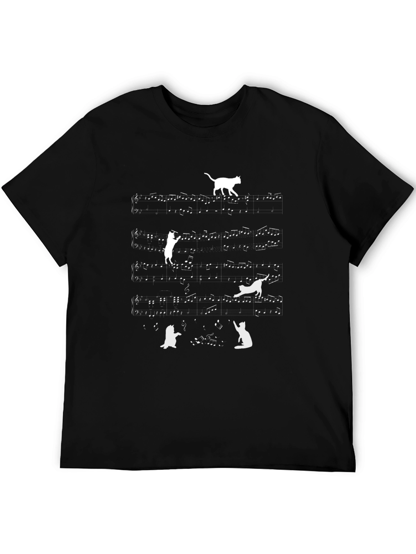 Cat Music Notes T-Shirt - Black Crew Neck Tee