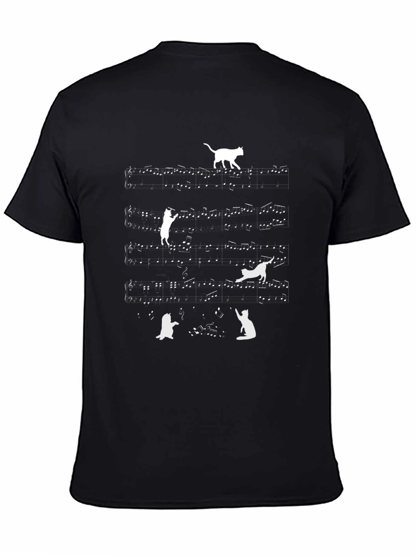 Cat Music Notes T-Shirt - Black Crew Neck Tee