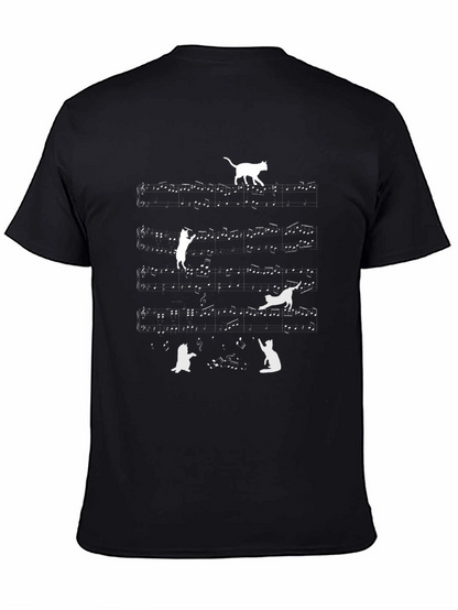 Cat Music Notes T-Shirt - Black Crew Neck Tee