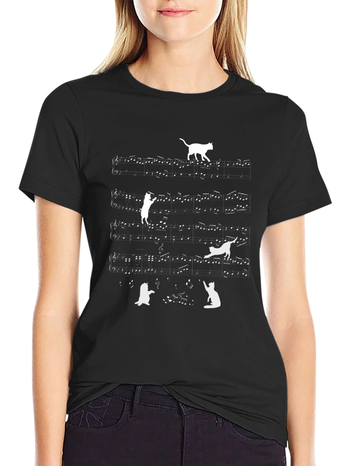Cat Music Notes T-Shirt - Black Crew Neck Tee