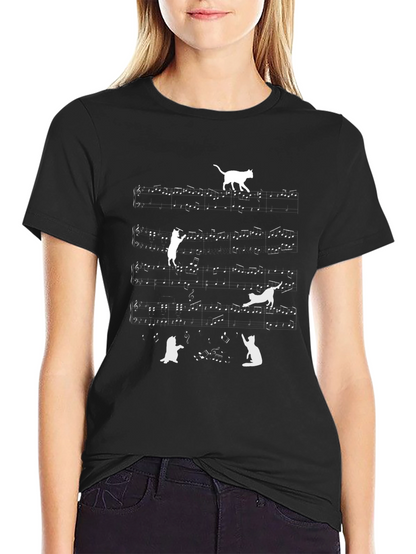 Cat Music Notes T-Shirt - Black Crew Neck Tee