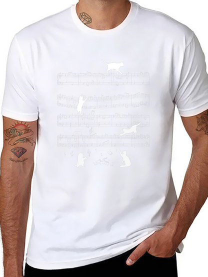 Cat Music Notes T-Shirt - Black Crew Neck Tee