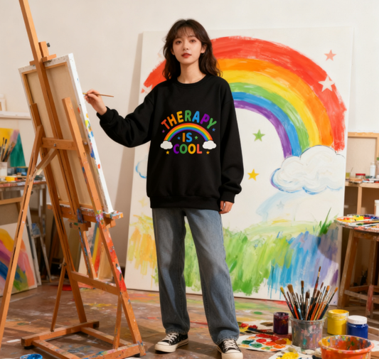 Uplifting Rainbow & "Therapy Is Cool" Statement Sweatshirt