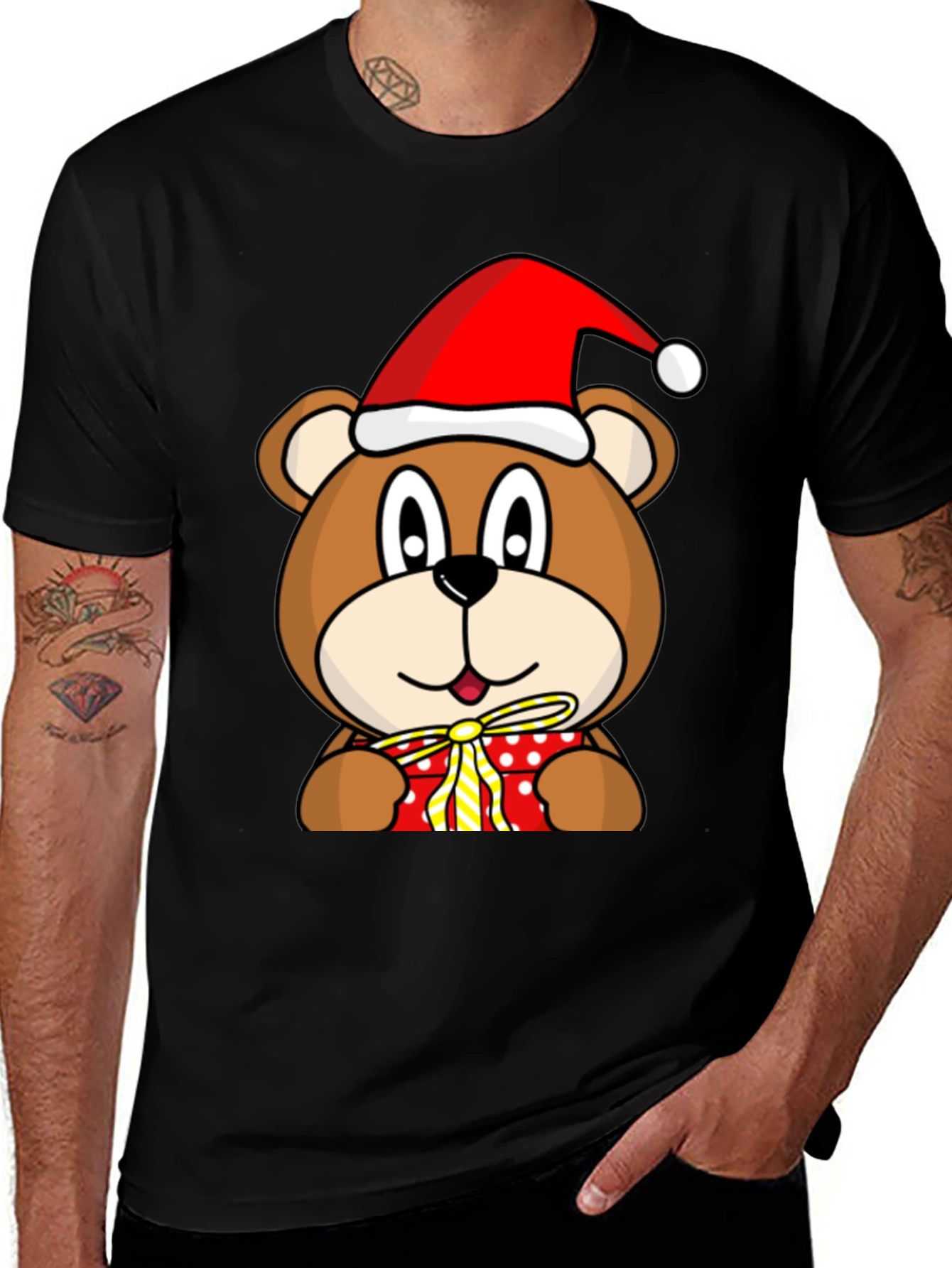 Festive Bear T-Shirt with Santa Hat and Gift