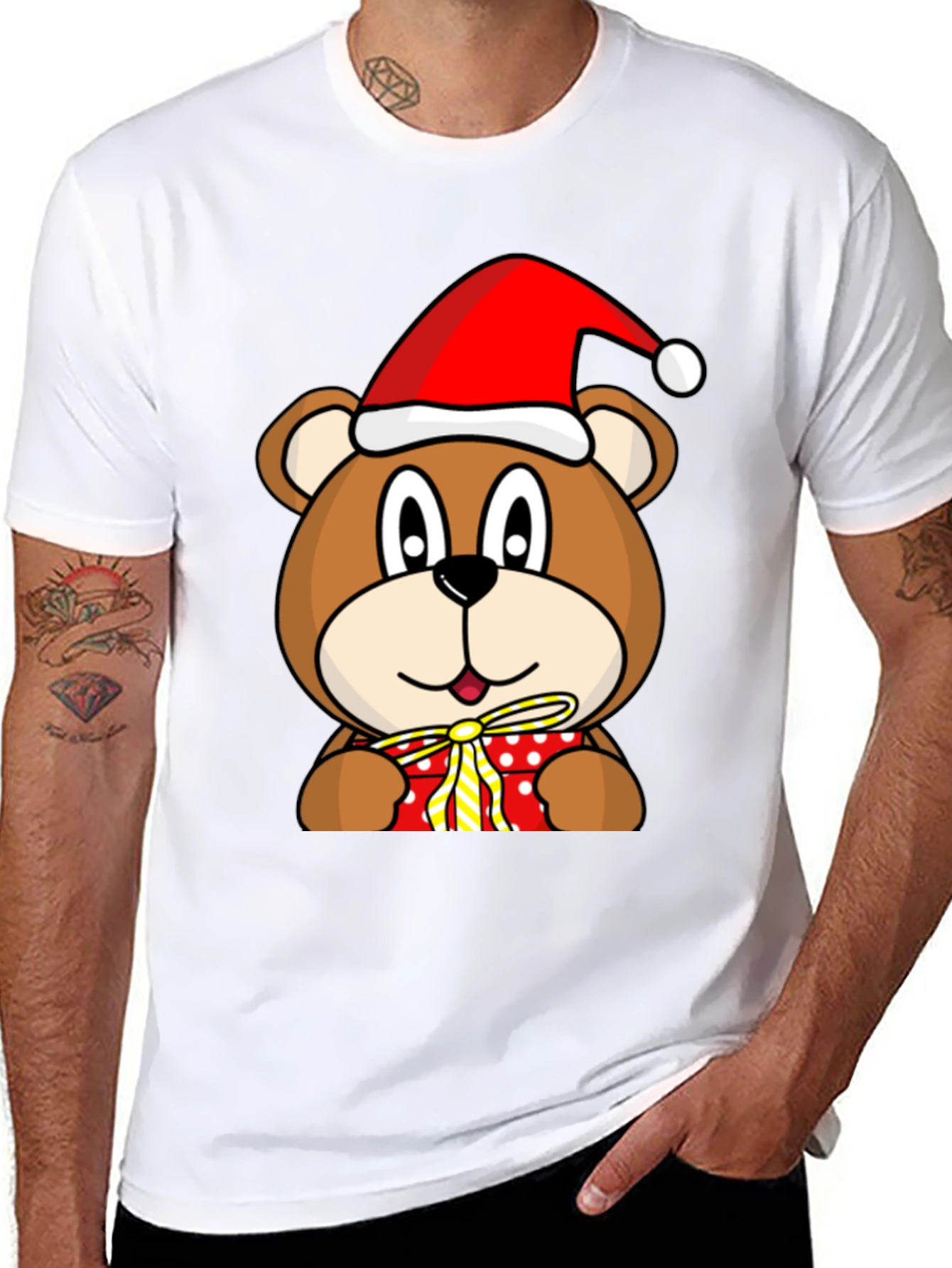 Festive Bear T-Shirt with Santa Hat and Gift