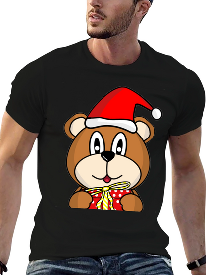Festive Bear T-Shirt with Santa Hat and Gift