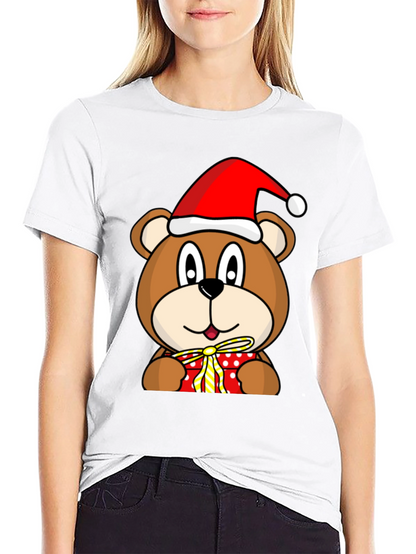 Festive Bear T-Shirt with Santa Hat and Gift