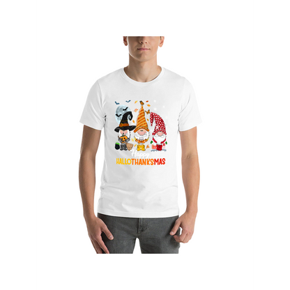 Happy HalloThanksMas Gnome T-Shirt - 100% Cotton, Festive Tee for Halloween, Thanksgiving & Christmas Celebrations