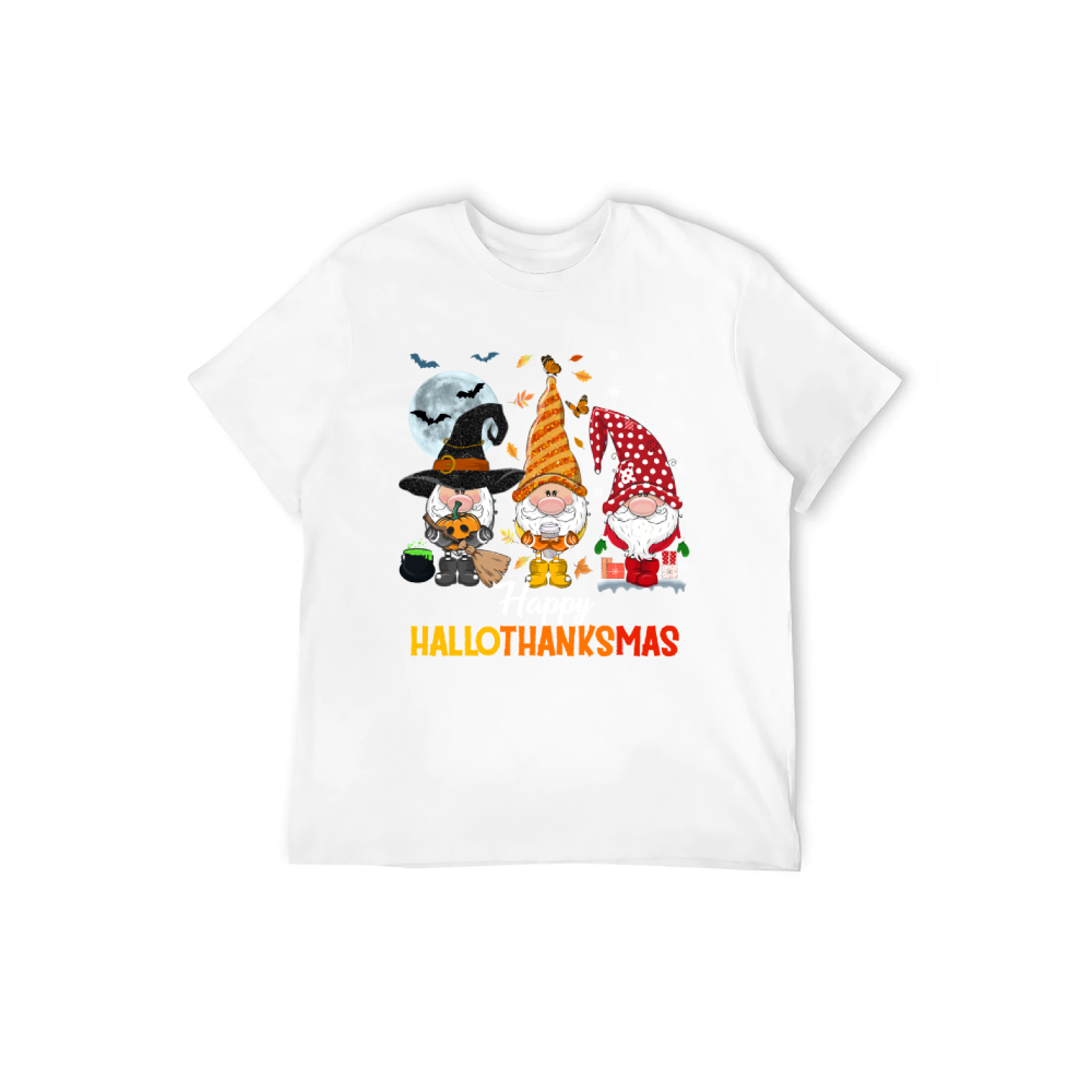 Happy HalloThanksMas Gnome T-Shirt - 100% Cotton, Festive Tee for Halloween, Thanksgiving & Christmas Celebrations