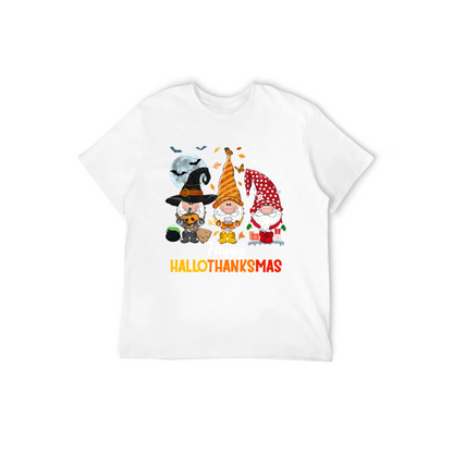 Happy HalloThanksMas Gnome T-Shirt - 100% Cotton, Festive Tee for Halloween, Thanksgiving & Christmas Celebrations