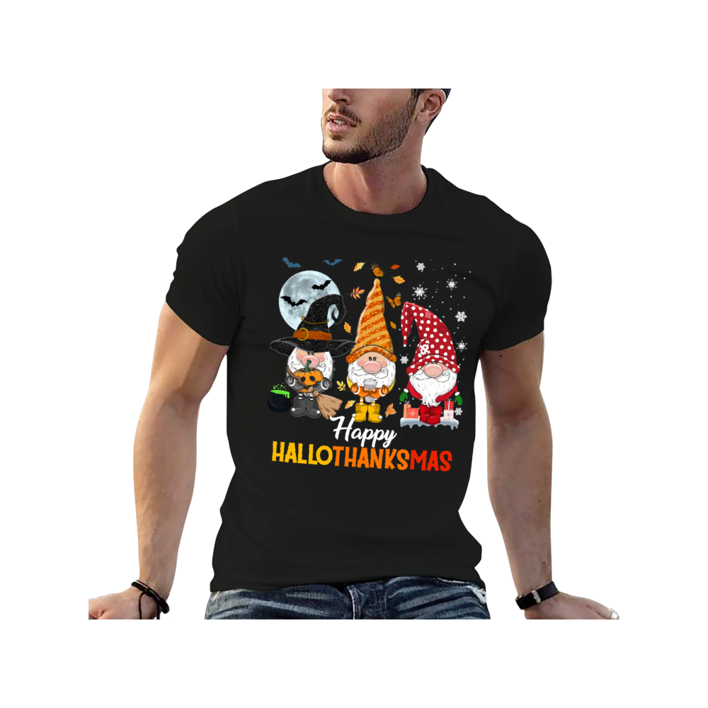 Happy HalloThanksMas Gnome T-Shirt - 100% Cotton, Festive Tee for Halloween, Thanksgiving & Christmas Celebrations