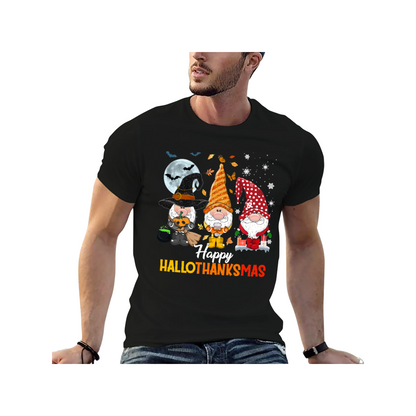 Happy HalloThanksMas Gnome T-Shirt - 100% Cotton, Festive Tee for Halloween, Thanksgiving & Christmas Celebrations