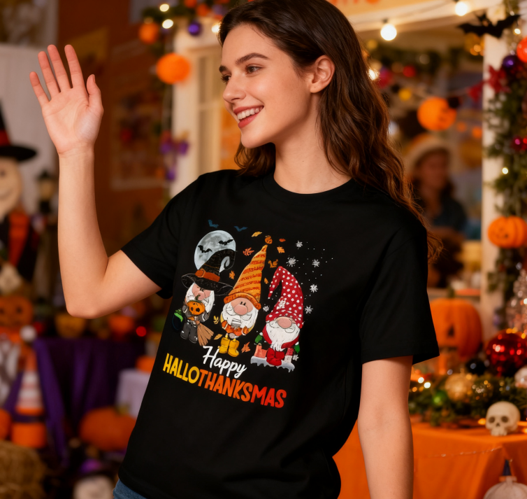 Happy HalloThanksMas Gnome T-Shirt - 100% Cotton, Festive Tee for Halloween, Thanksgiving & Christmas Celebrations