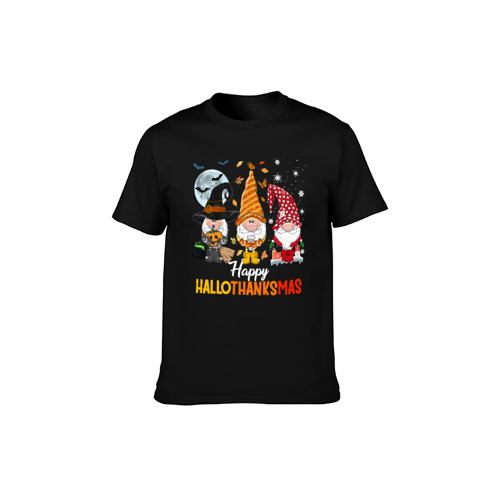 Happy HalloThanksMas Gnome T-Shirt - 100% Cotton, Festive Tee for Halloween, Thanksgiving & Christmas Celebrations