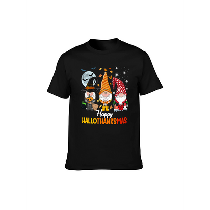 Happy HalloThanksMas Gnome T-Shirt - 100% Cotton, Festive Tee for Halloween, Thanksgiving & Christmas Celebrations