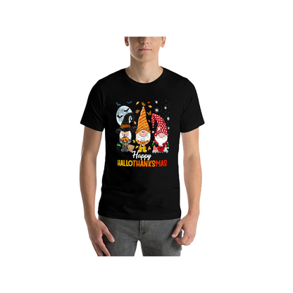 Happy HalloThanksMas Gnome T-Shirt - 100% Cotton, Festive Tee for Halloween, Thanksgiving & Christmas Celebrations