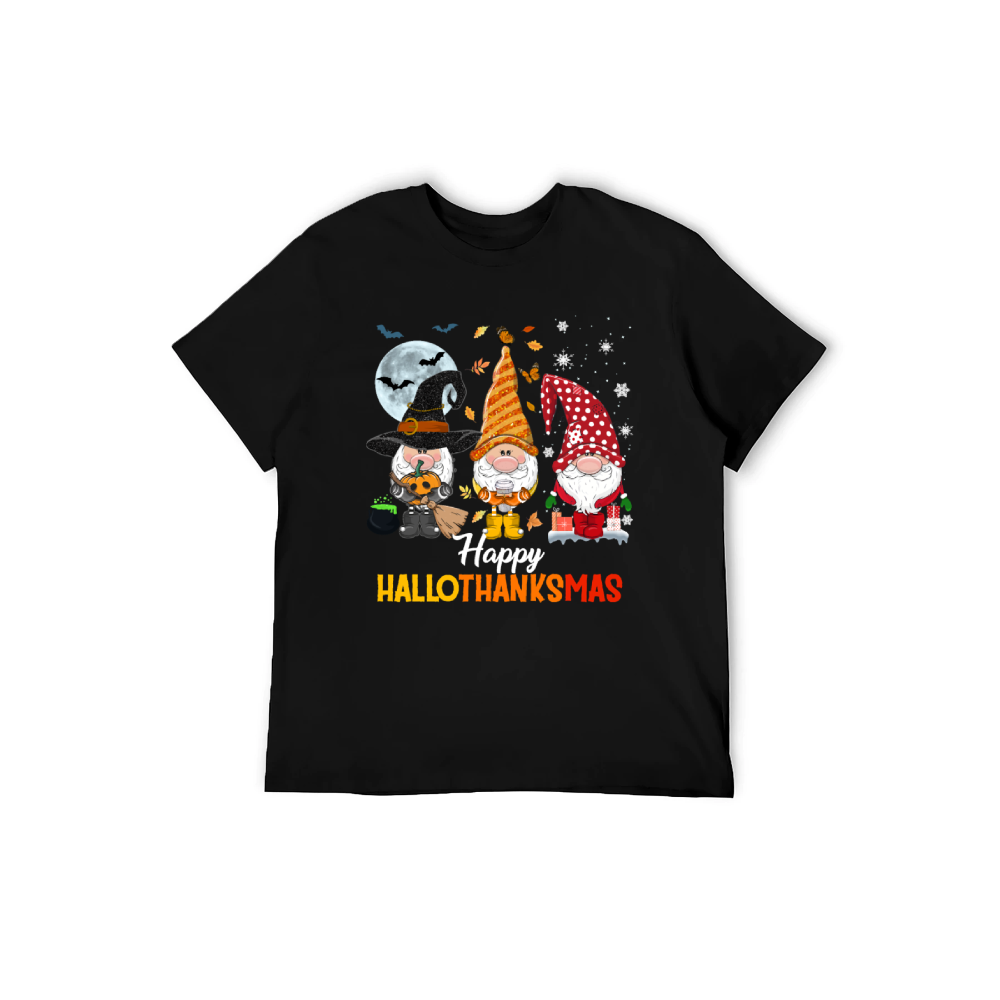 Happy HalloThanksMas Gnome T-Shirt - 100% Cotton, Festive Tee for Halloween, Thanksgiving & Christmas Celebrations