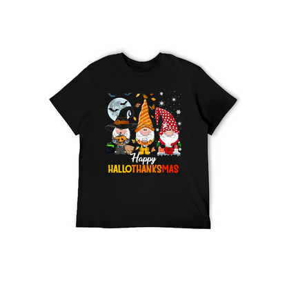 Happy HalloThanksMas Gnome T-Shirt - 100% Cotton, Festive Tee for Halloween, Thanksgiving & Christmas Celebrations