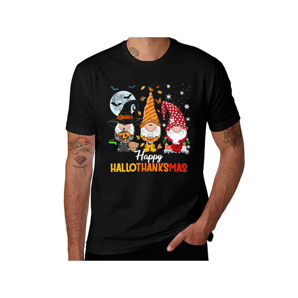 Happy HalloThanksMas Gnome T-Shirt - 100% Cotton, Festive Tee for Halloween, Thanksgiving & Christmas Celebrations