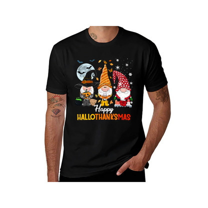 Happy HalloThanksMas Gnome T-Shirt - 100% Cotton, Festive Tee for Halloween, Thanksgiving & Christmas Celebrations