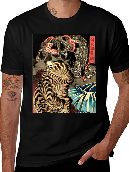 Tiger and Dragon Graphic Print Black T-Shirt